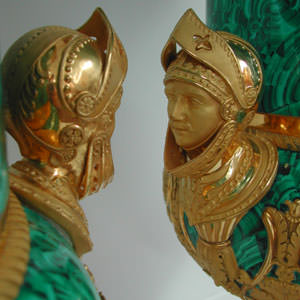 Detail of restored gilded handle on pair Nicholas II Imperial porcelain vases. Restoration and Conservation for collectors