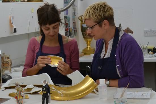 Sarah and Jasmina discussing the treatment of the Berlin Vase - conservators discussing approach to conservation of a valuable broken object ready for repair.